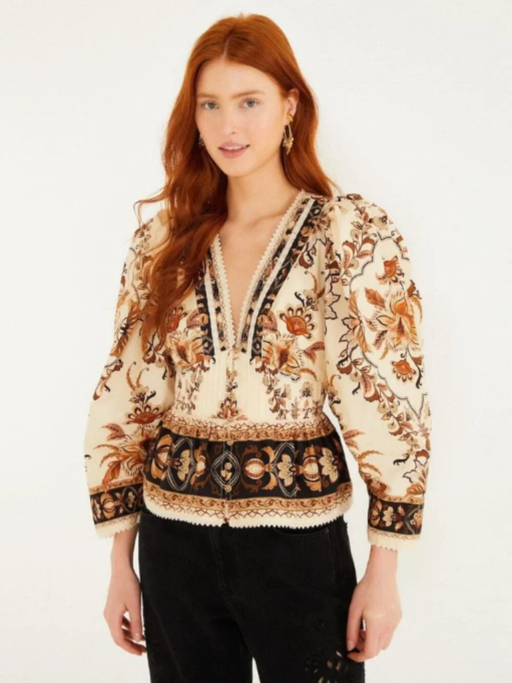 Farm Rio Sand Majestic Garden Lace Puff Sleeve Blouse (NWT)